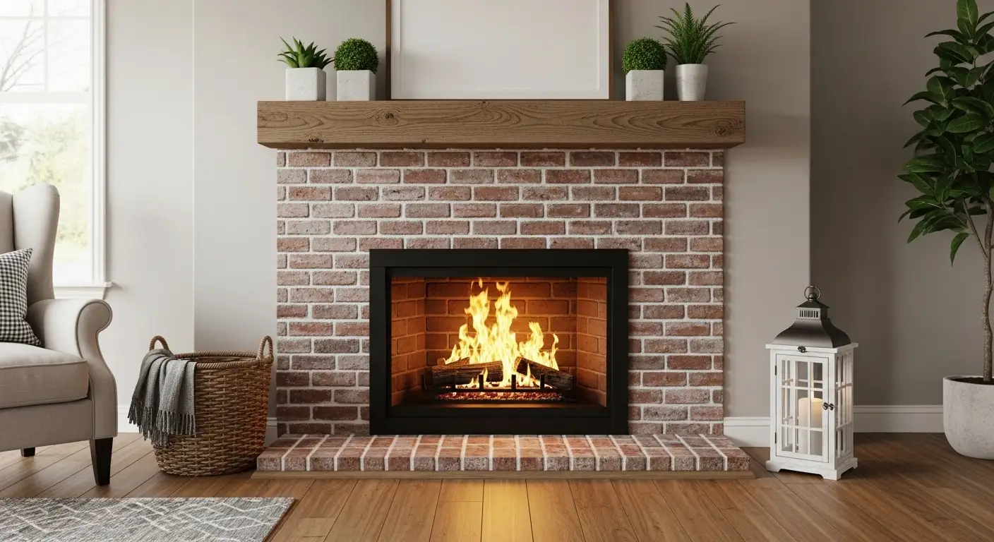 Cozy living room with a brick gas fireplace and wooden mantel