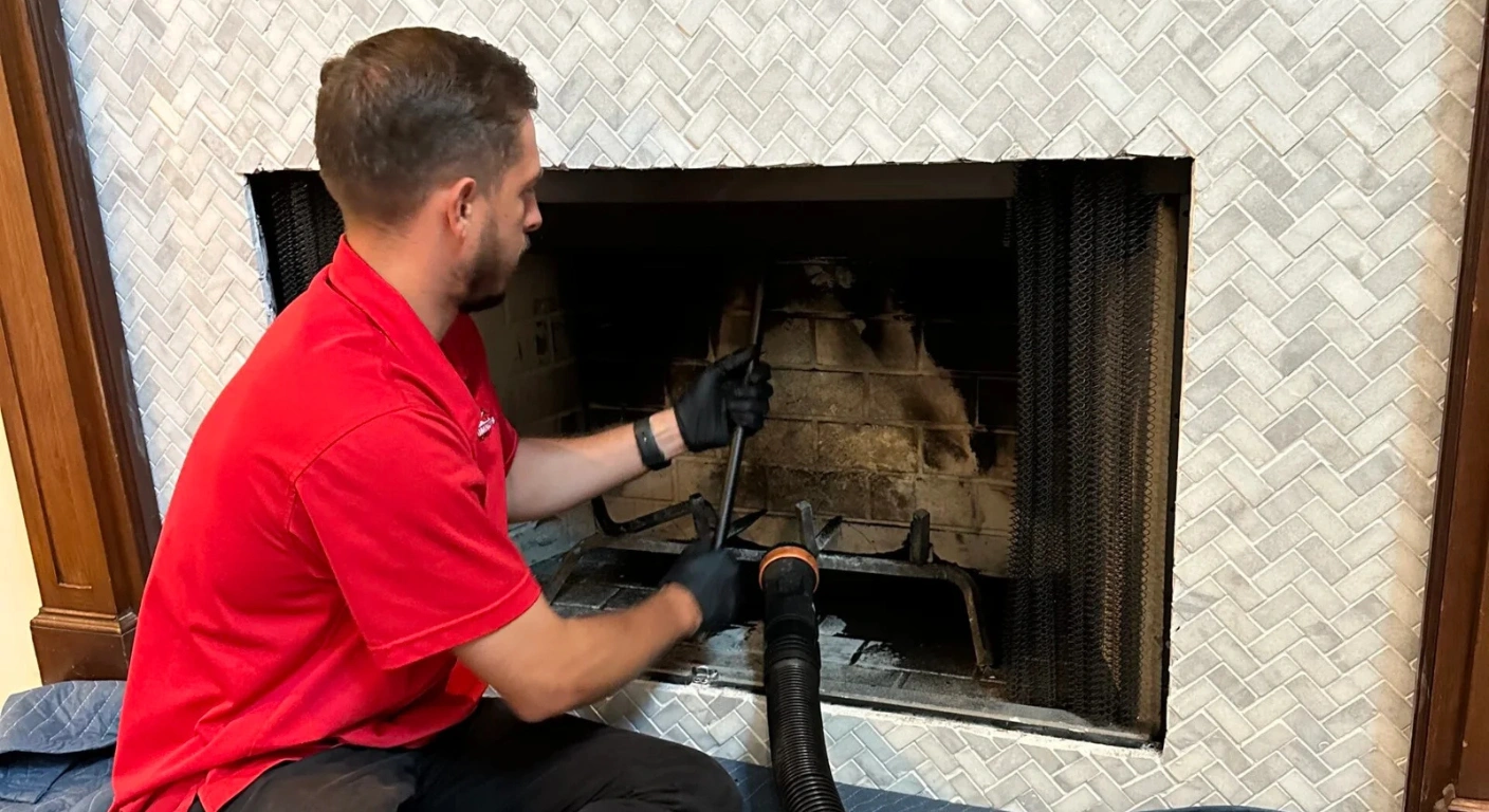 Technician cleaning a gas fireplace with vacuum equipment.