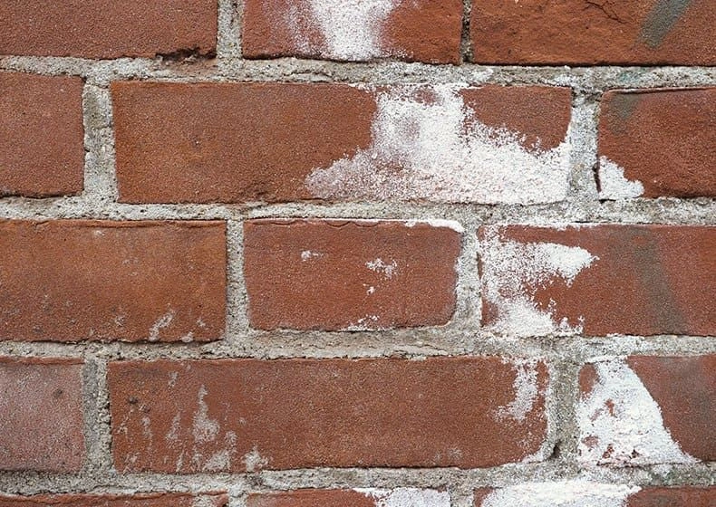 Close-up of efflorescence salt deposits on chimney brick