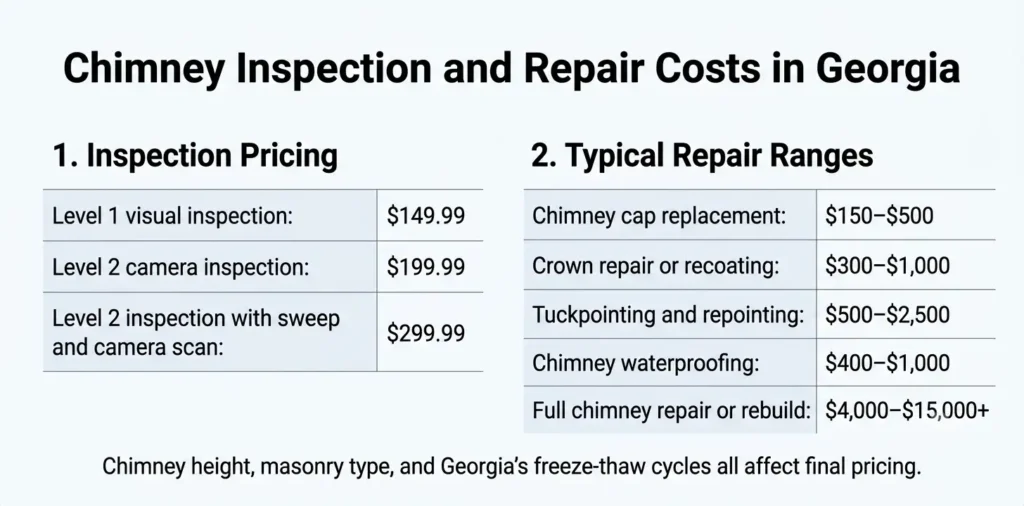 Georgia chimney inspection and repair cost chart: Level 1, Level 2, and rebuild pricing