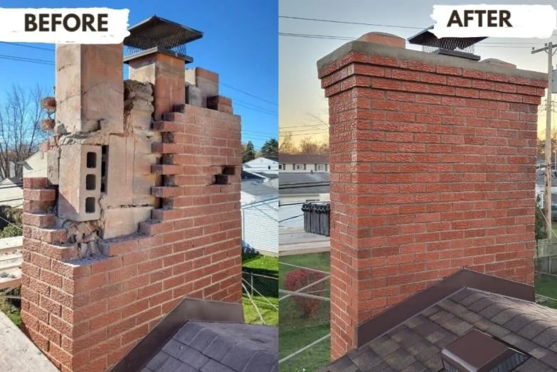 Before and after brick chimney restoration