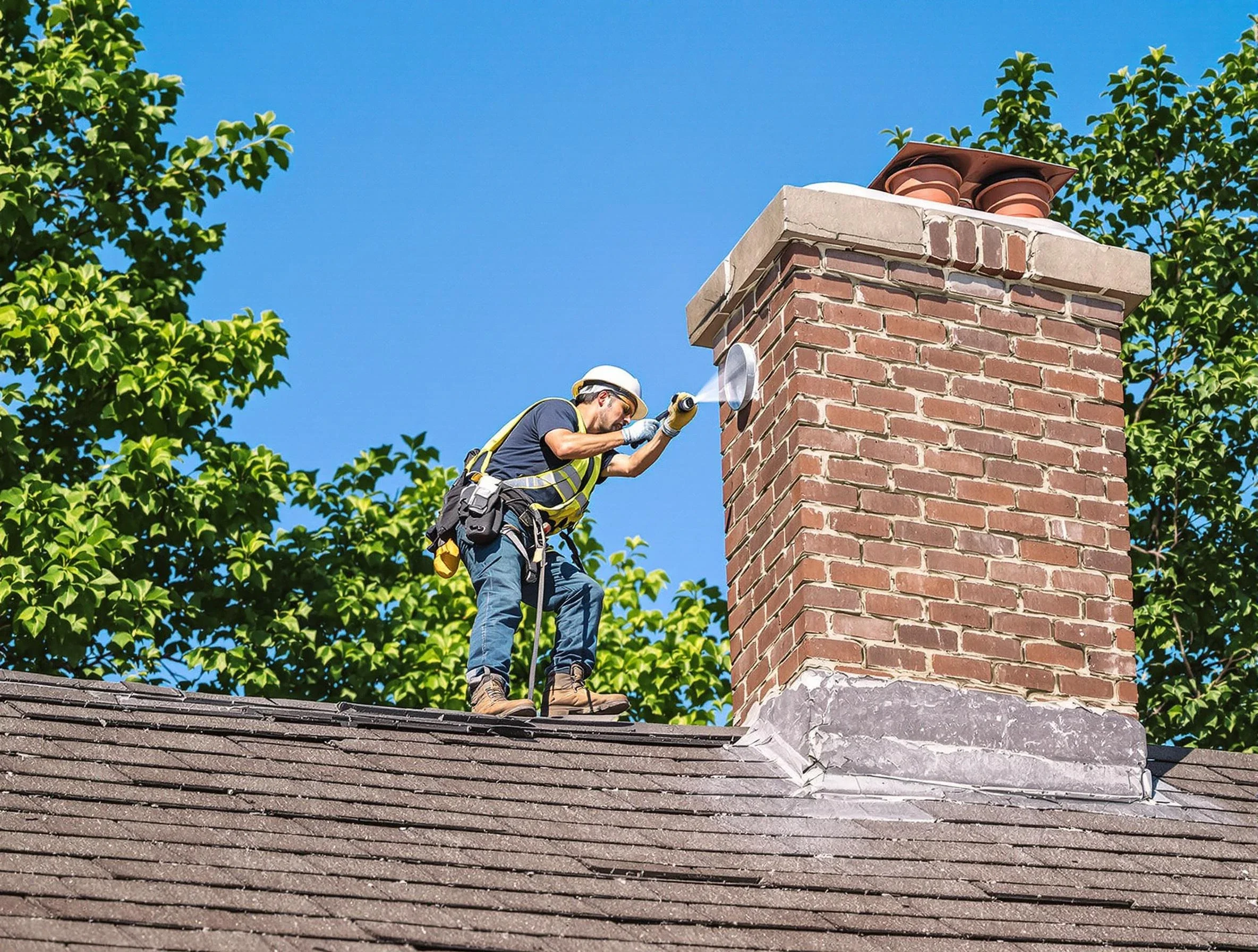 Chimney sweep technician inspecting a chimney