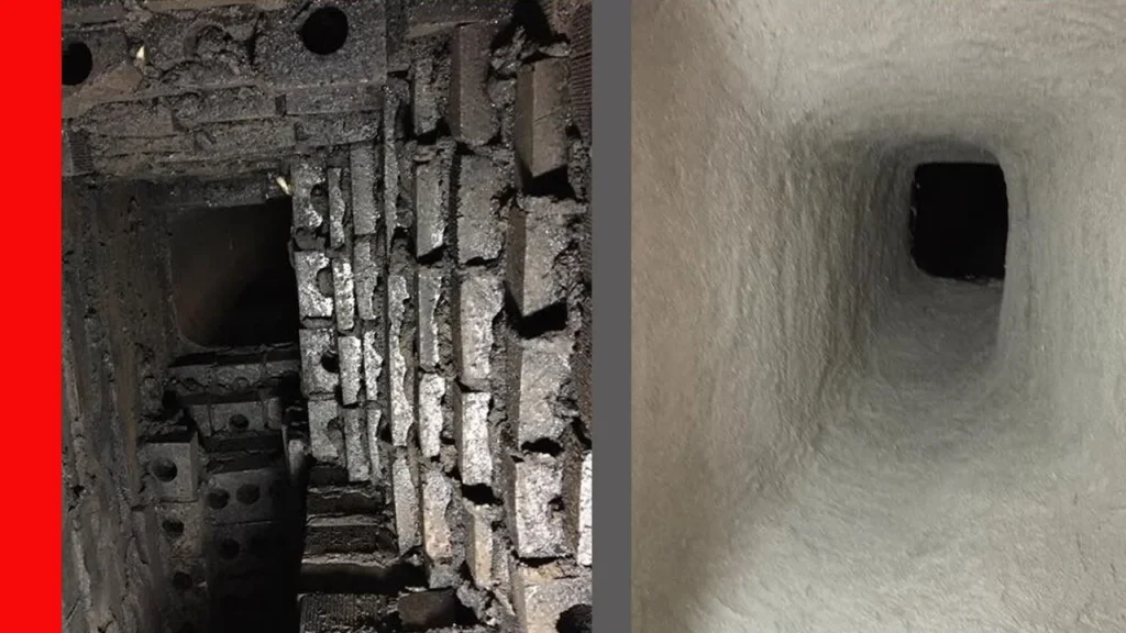 A corbelled chamber (left) and the same chamber after parging (right)