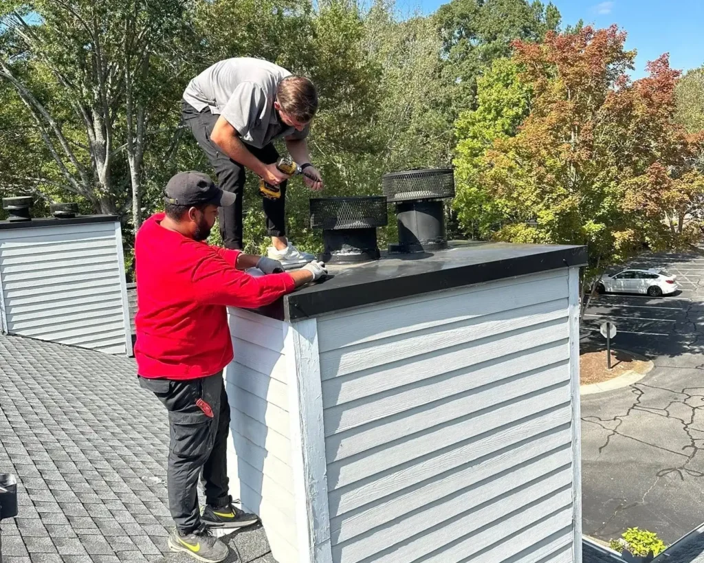 Archer Chimneys & Exteriors Chimneys & Exteriors technician inspecting a chimney on a roof