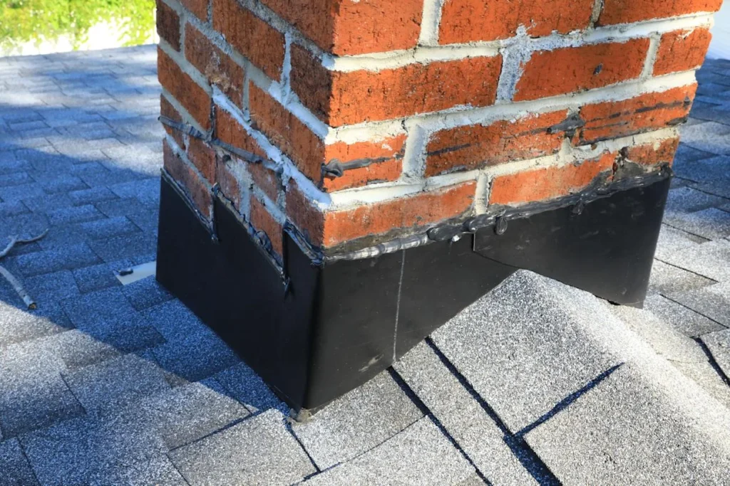 Chimney cricket built behind a brick chimney