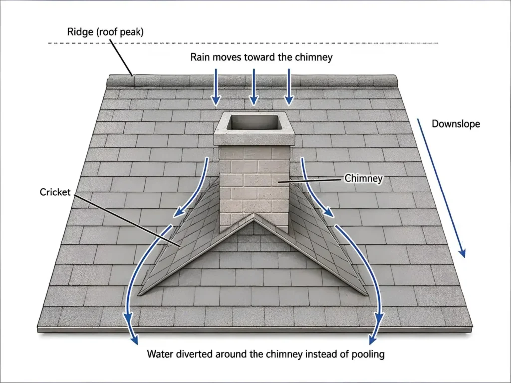 Diagram showing how a chimney cricket splits rainwater around a chimney