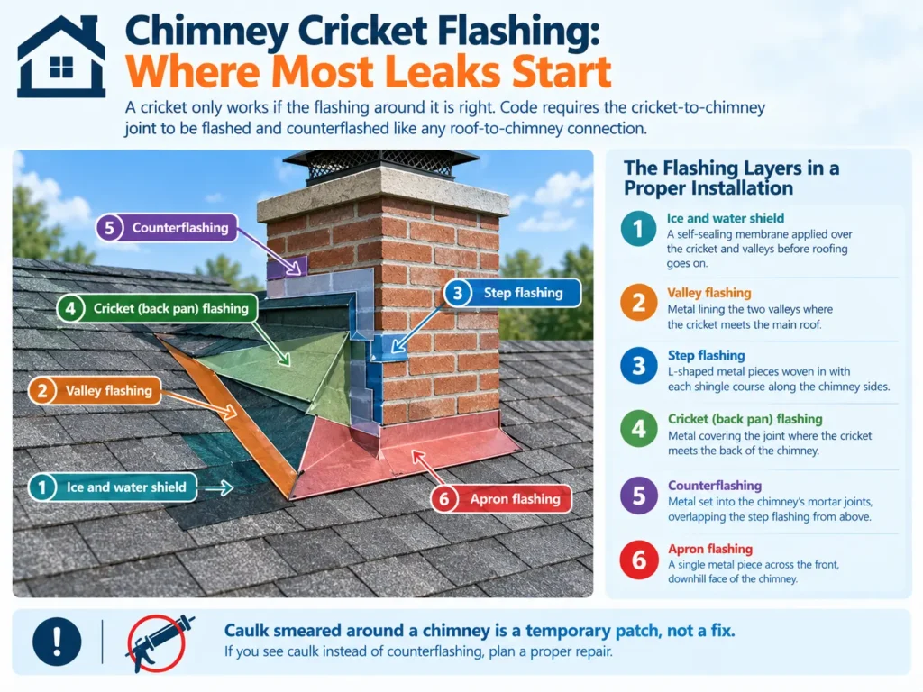 Labeled diagram of chimney cricket flashing layers including step, counter, and apron flashing