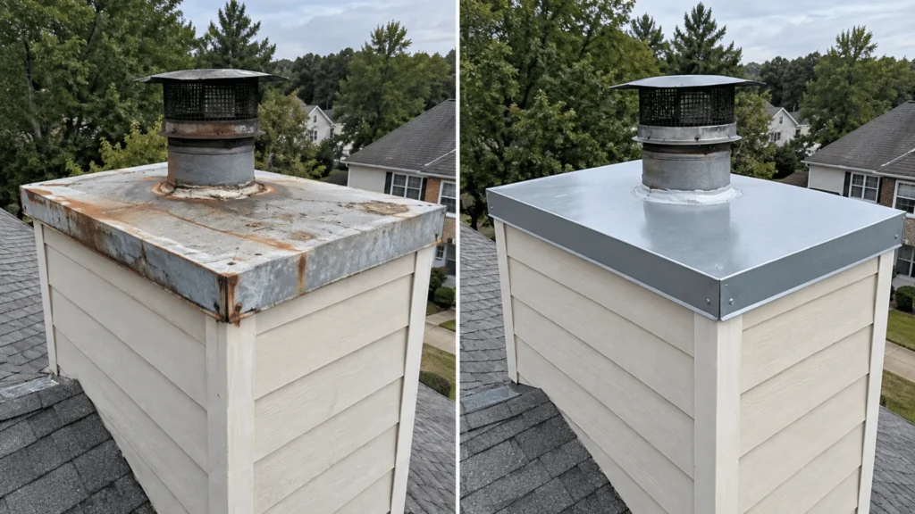 before and after photo old rusted cover on the left, new cover on the right
